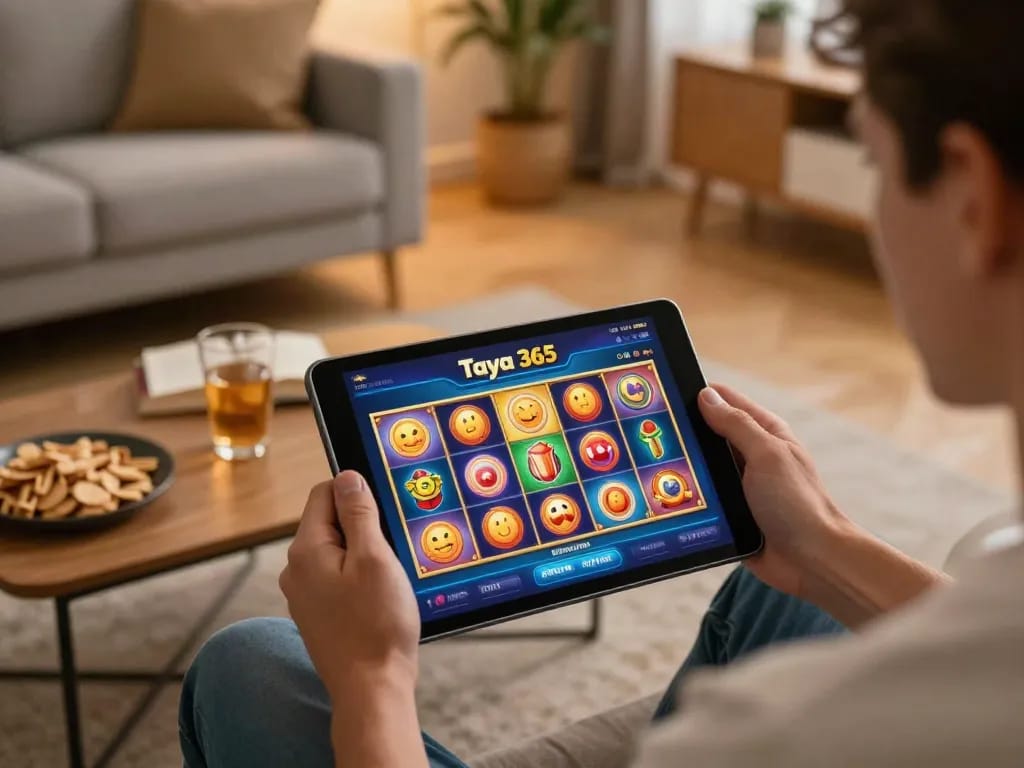 Player enjoying Taya 365 online casino slots on a tablet in a cozy home setup.
