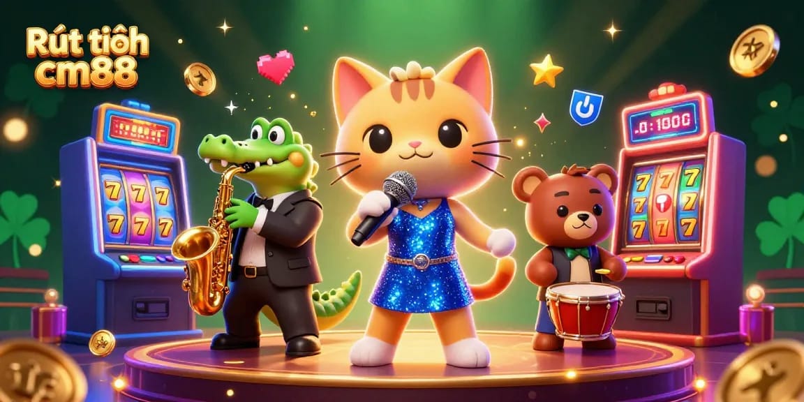 Engage with Rút tiền cm88 at a dynamic casino featuring lively 3D characters and vibrant game elements.
