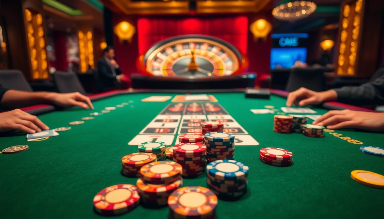 Experience the thrill of high-stakes poker at OK8386 with colorful chips and vibrant gameplay.