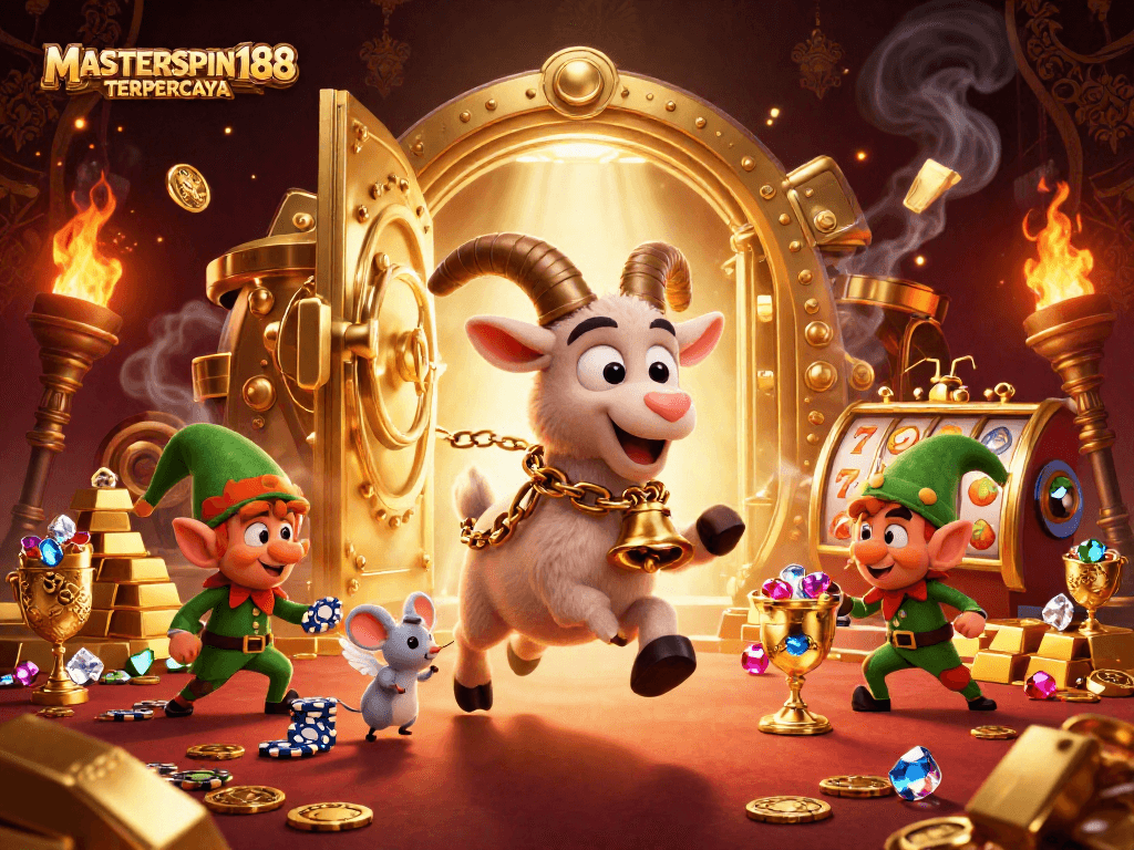 Engage with action-packed scenes at MASTERSPIN188 TERPERCAYA featuring Krampus goat, angel mouse, and elf gremlins in a vibrant casino.