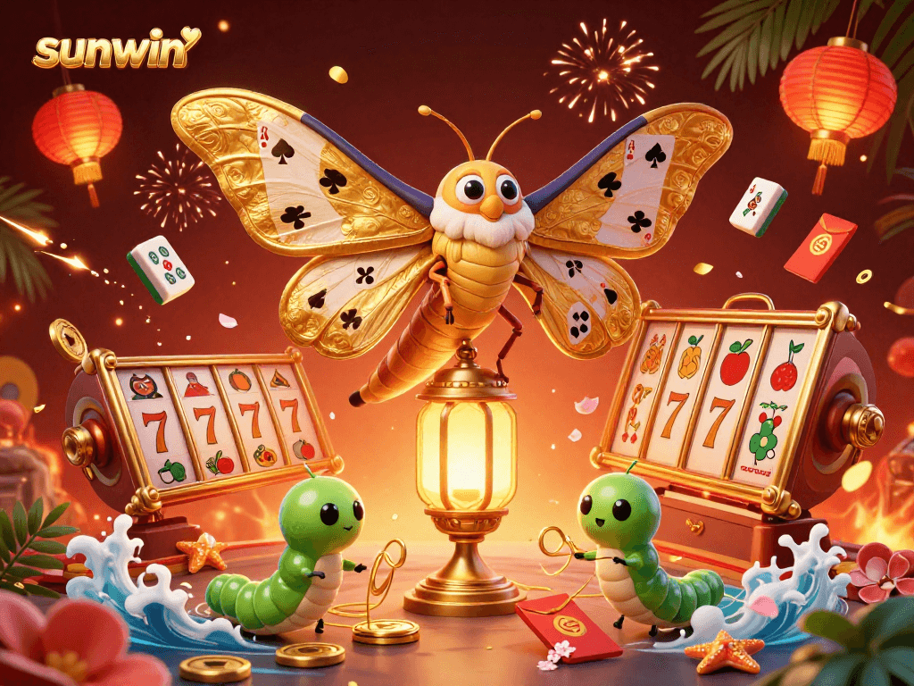 Engage with sunwin's thrilling slots scene featuring a detailed 3D moth and vibrant casino elements.