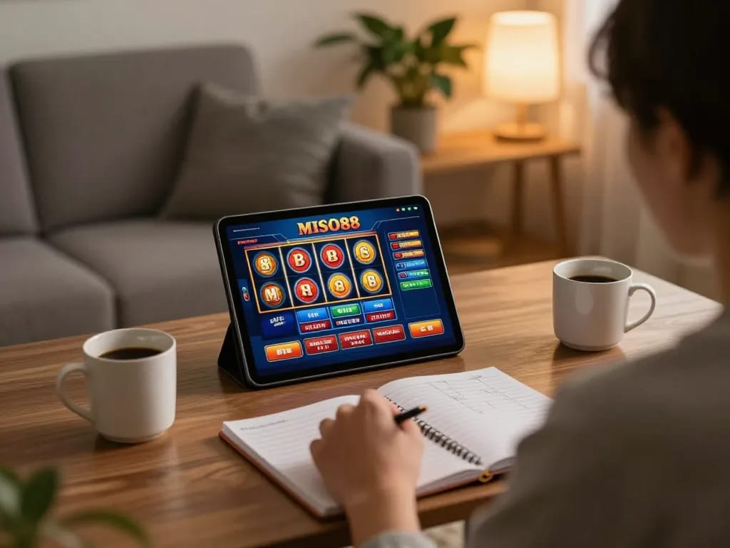 MISO88 online gaming session with a user enjoying a tablet interface in a cozy home setting.