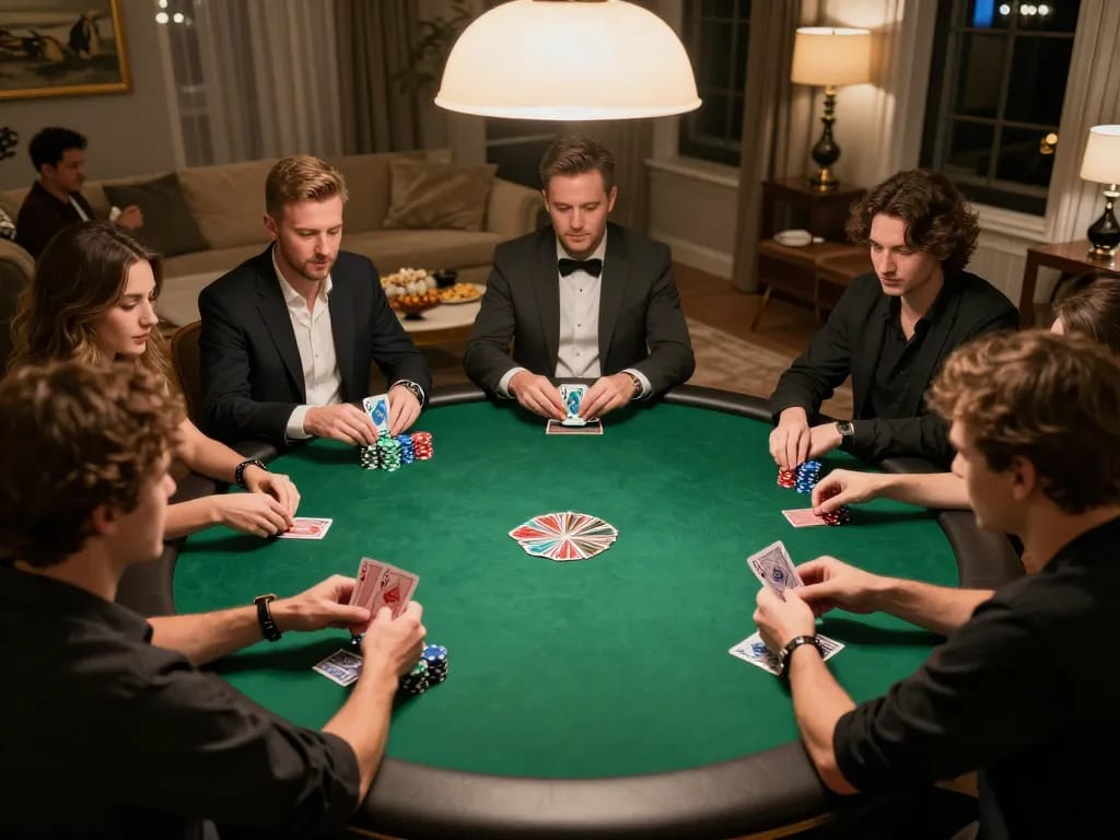 Players enjoying a strategic LV88 home poker night with chips and cards on the table.