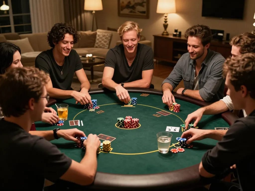 Friends enjoying a poker night with mmlive app for social gambling entertainment