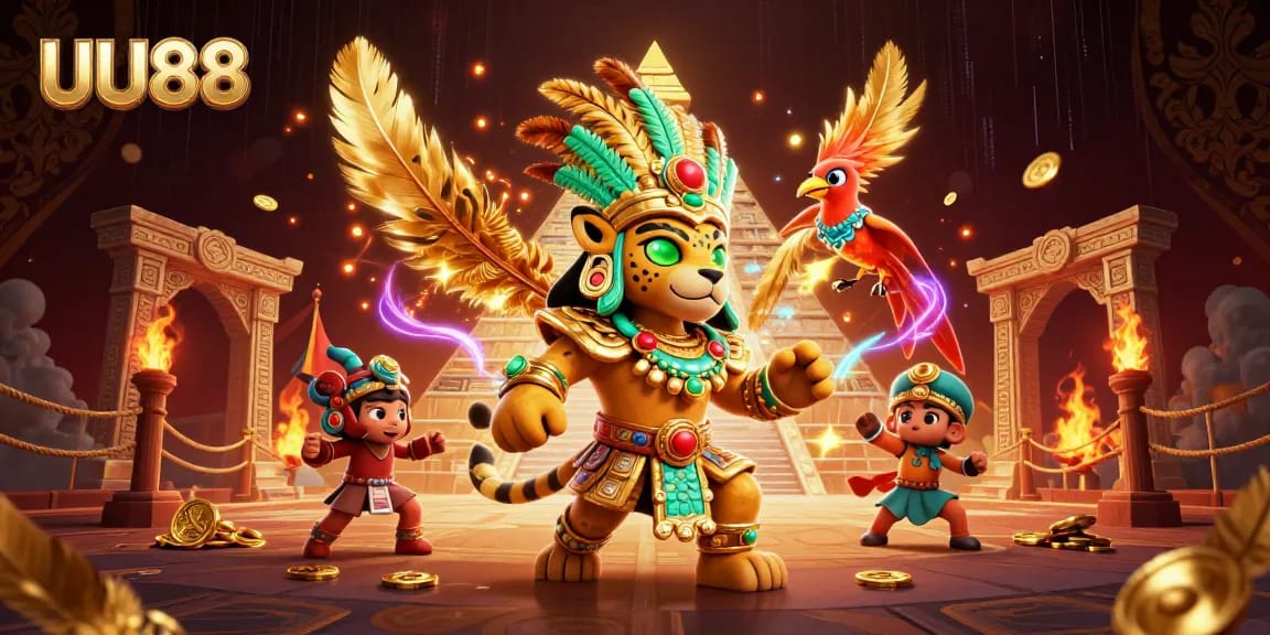 UU88 players engaging in dynamic casino adventures with a Mayan backdrop and golden treasures.