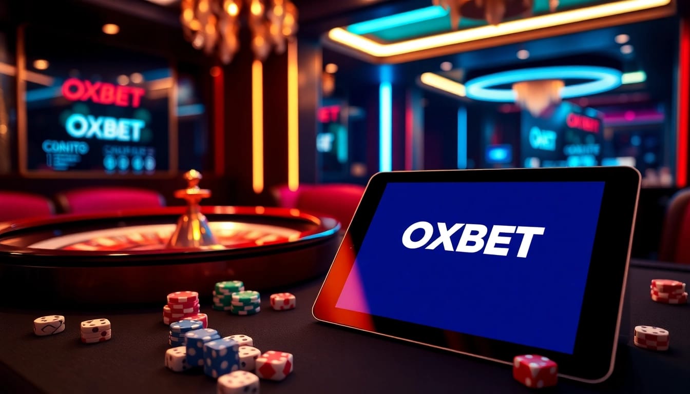 Experience the thrill of online gambling with the OXBET App showcased against a luxurious casino backdrop.