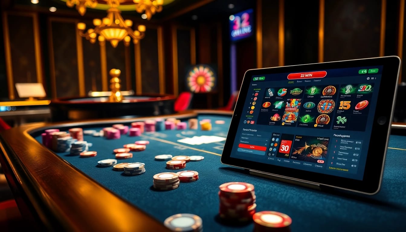Experience the excitement of 32 WIN at a vibrant casino table filled with poker chips and cards.