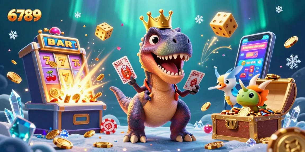 Exciting 6789 casino scene featuring T-Rex, Pterodactyl, and Triceratops amidst a slot machine jackpot explosion.