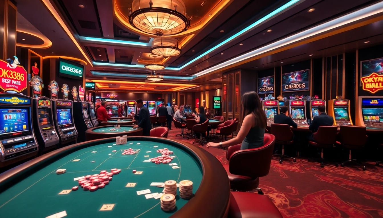 OK8386 players enjoying a luxury casino experience with vibrant tables and slot machines.