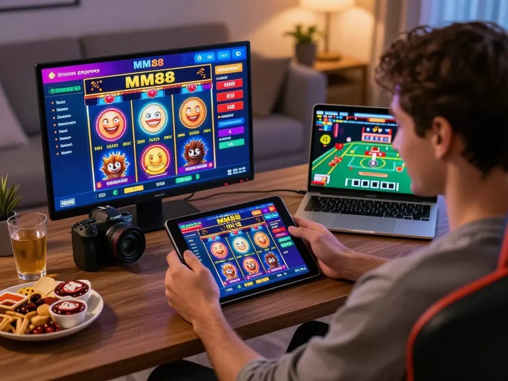 Player enjoying an exciting online gambling experience with MM88 on a tablet, surrounded by vibrant game graphics and cozy atmosphere.
