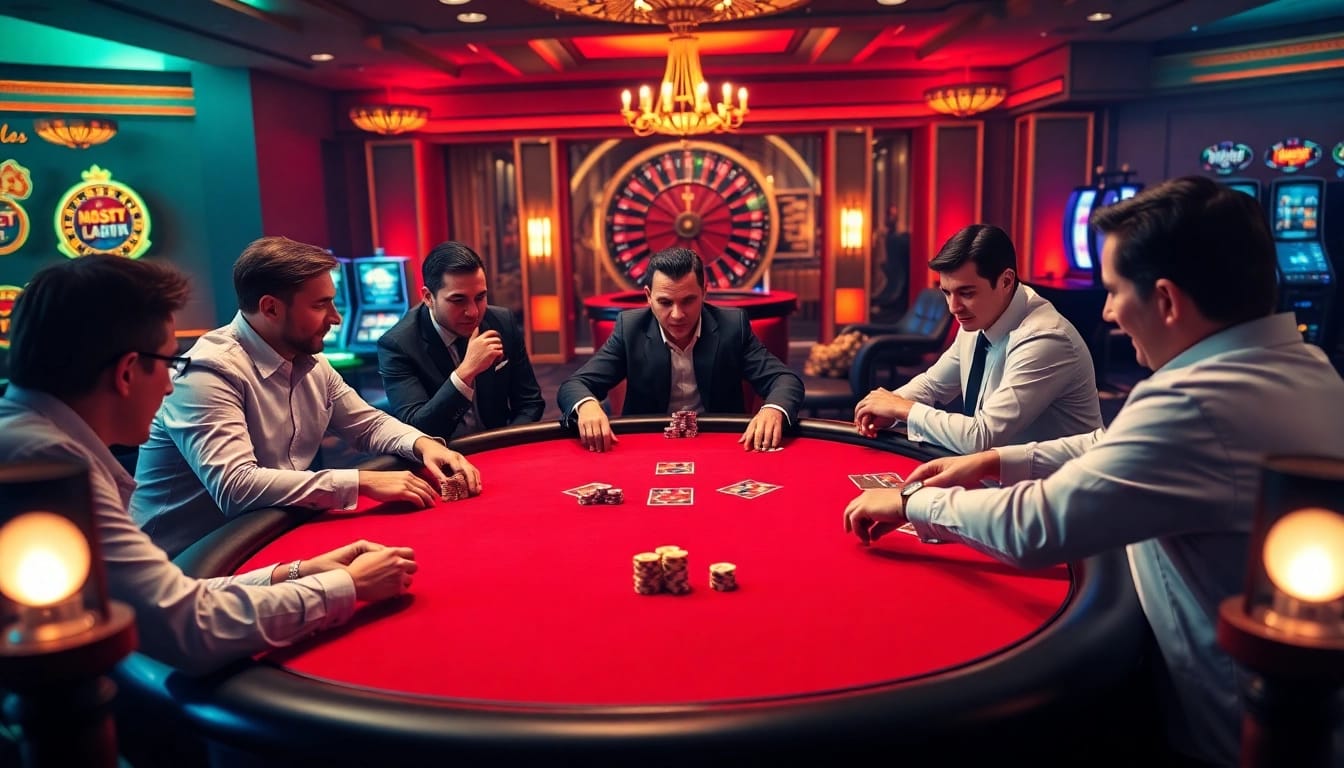Exciting casino gaming experience at https://debet.spot/ with players at a luxurious poker table.