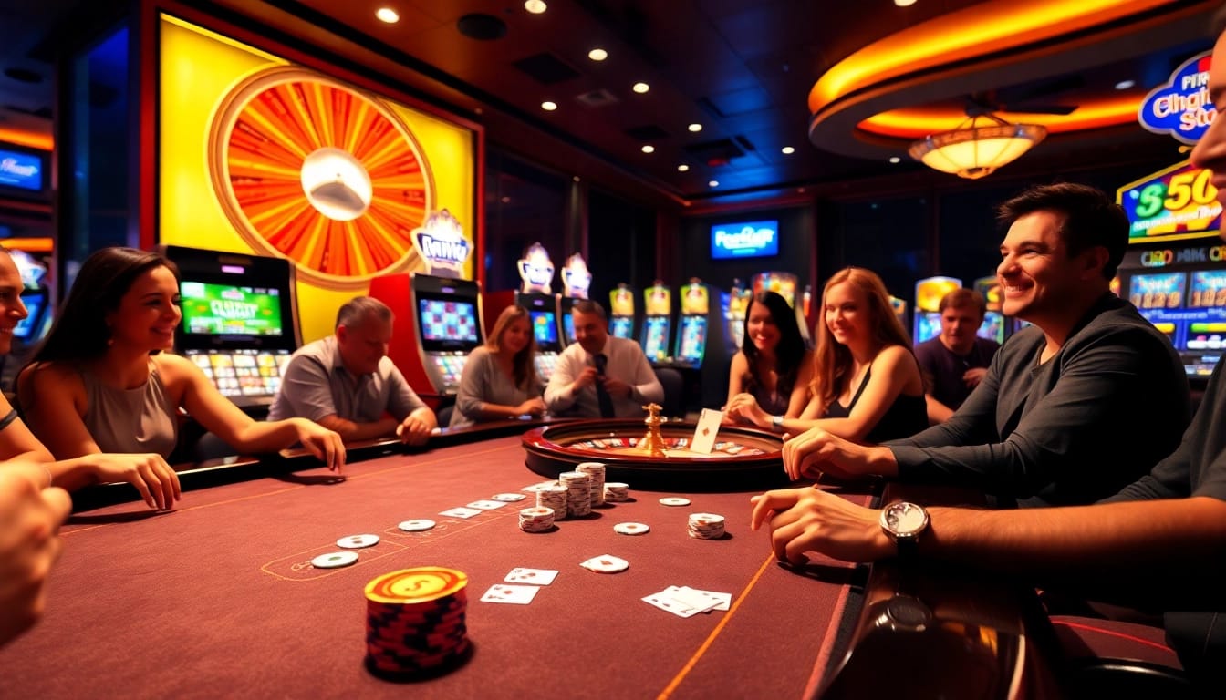 Exciting players at a vibrant casino table showcasing nohu900.in.net gaming experience.