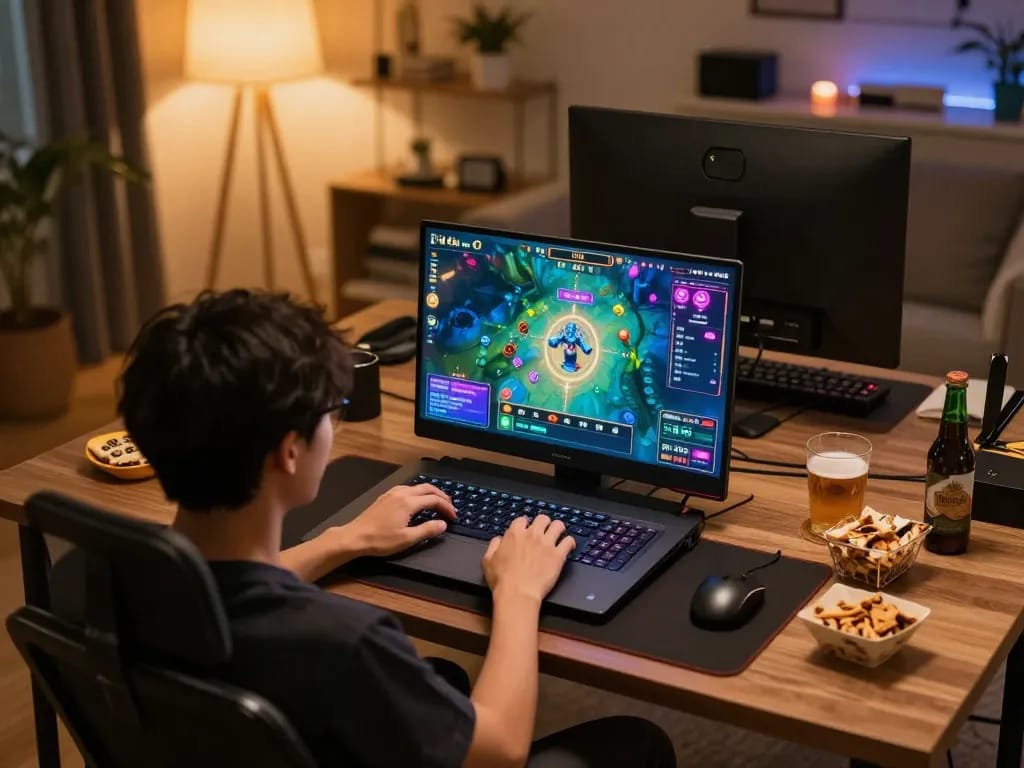 Tài Xỉu MD5 gameplay on a laptop in a cozy home environment, showcasing engaging online gambling experience