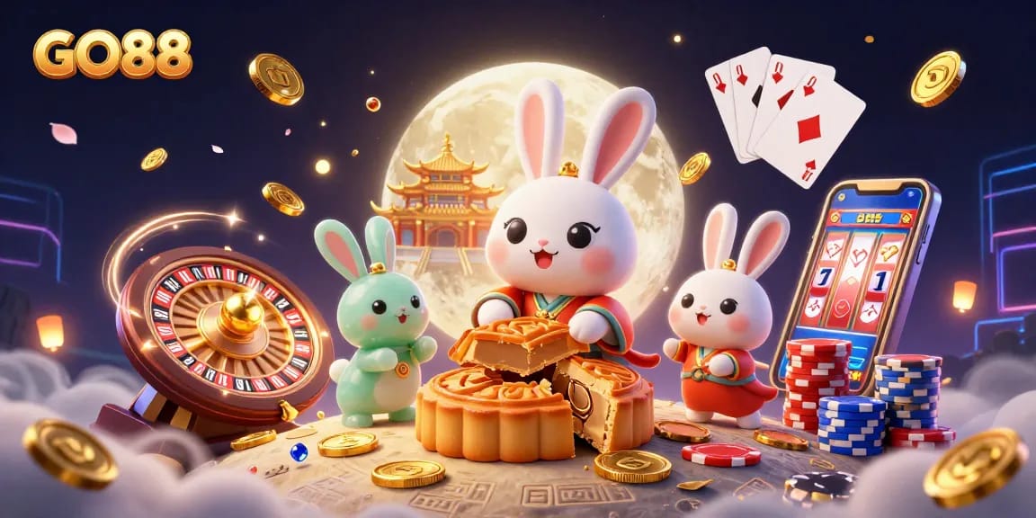 Experience GO88 with a vibrant scene of moon rabbits revealing poker chips amidst casino elements.