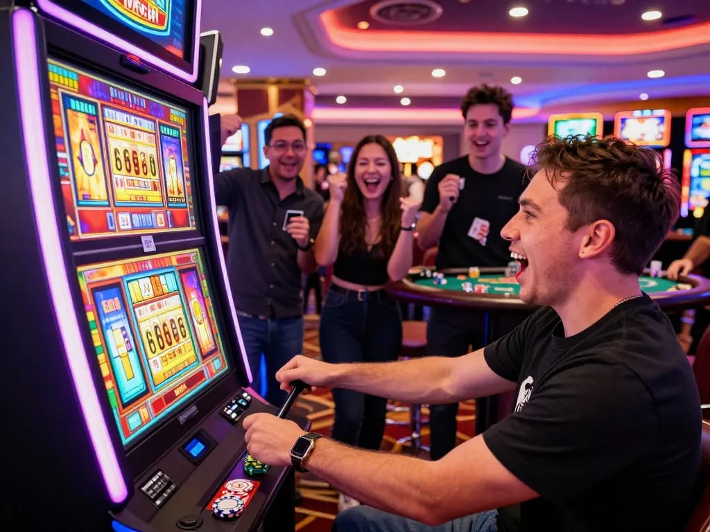 Player celebrating a big win at a lively Lucky 88 slot machine in a vibrant casino atmosphere.