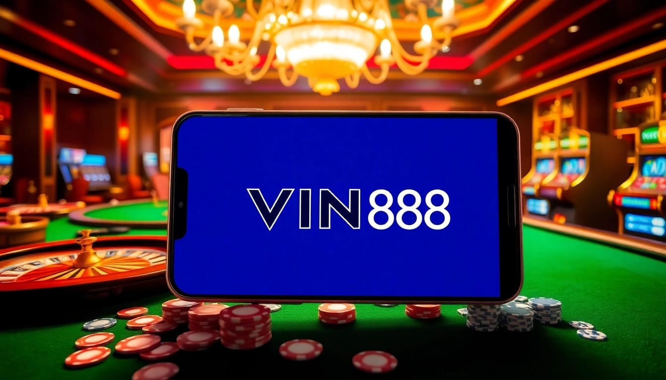 Experience the thrill of gambling with the VIN88 App, featuring luxury casino visuals, poker tables, and vibrant gaming elements.