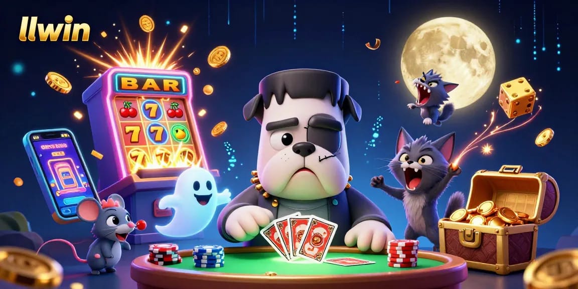 llwin casino illustration with Frankenstein bulldog and werewolf kitten amid vibrant gaming elements