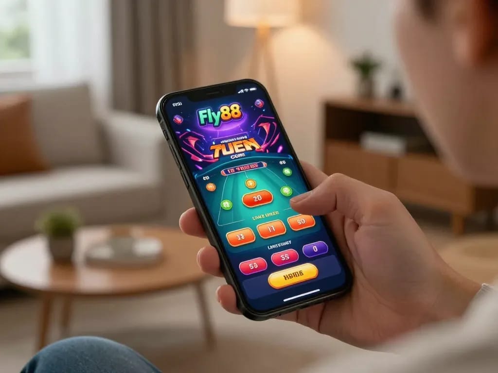 Person using the Fly88 com casino app for online gaming on a smartphone with vibrant graphics