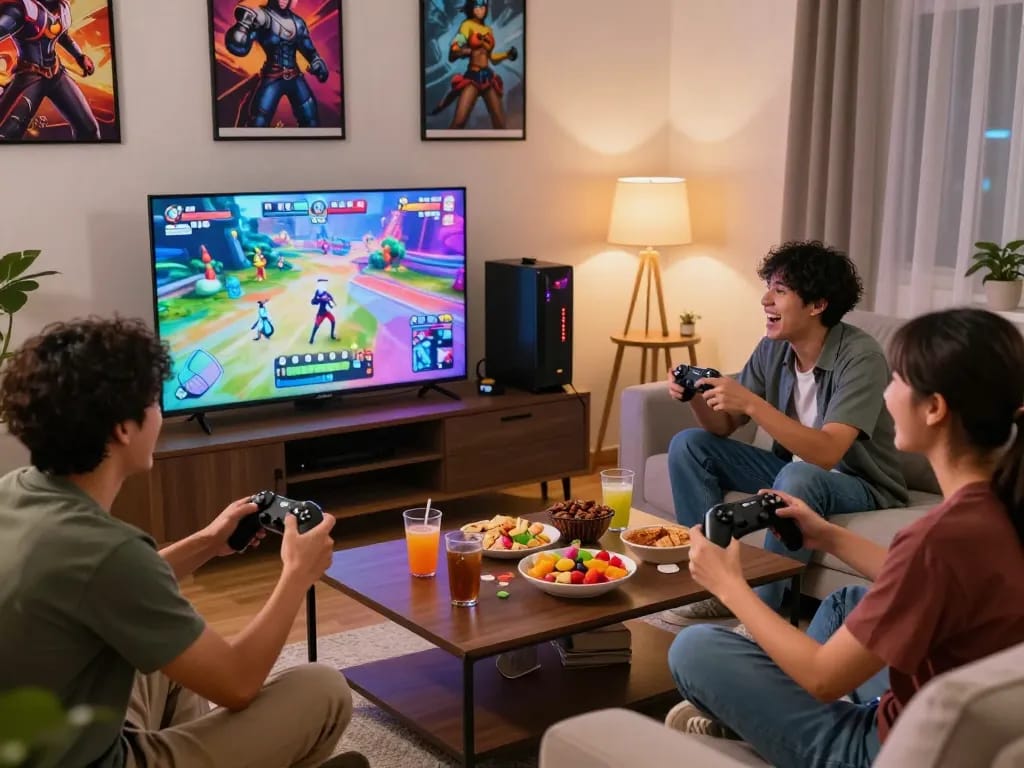 Friends enjoying a multiplayer hentai game in a cozy living room with snacks and vibrant decorations.