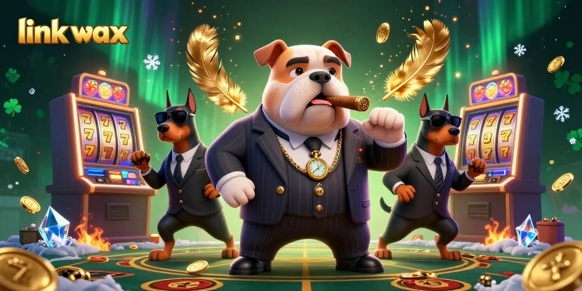 Win big with link vmax at a dynamic casino scene featuring a mafia boss and bodyguards.