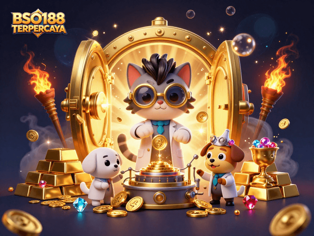Engage with BSO188 TERPERCAYA and explore a lively casino scene featuring playful characters and treasures