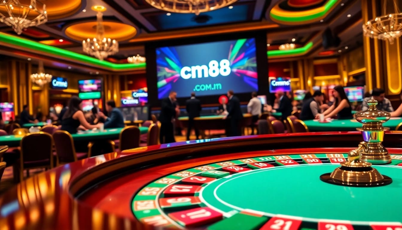 Exciting casino atmosphere at cm88 com with players at roulette tables and dynamic online betting screens.