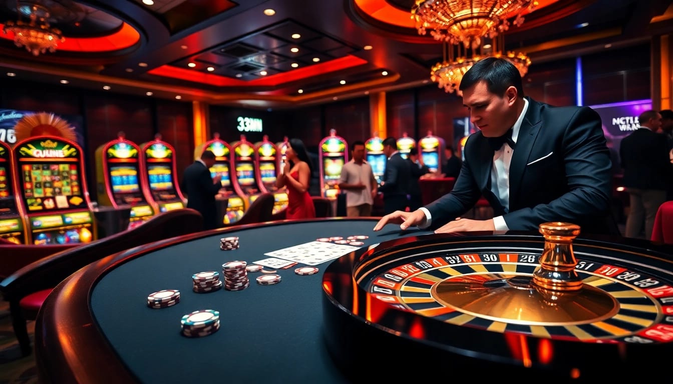 33Win players enjoying poker at a luxurious casino table with vibrant lighting.