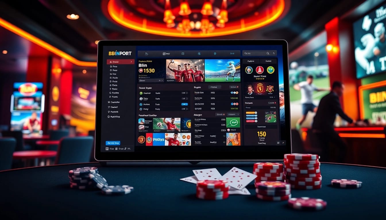 Bbin Sport 68gamebai showcases dynamic sports betting with vibrant casino elements and engaging visuals.