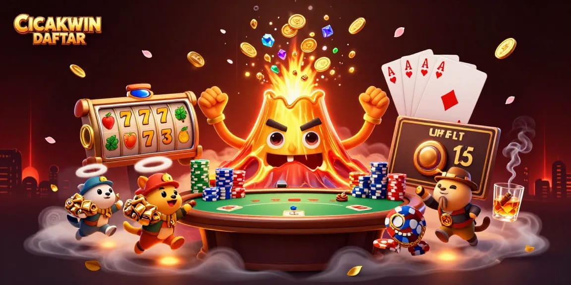 CICAKWIN DAFTAR showcases a vibrant online gaming scene with a triumphant golden volcano, showcasing the thrill of slots and poker.