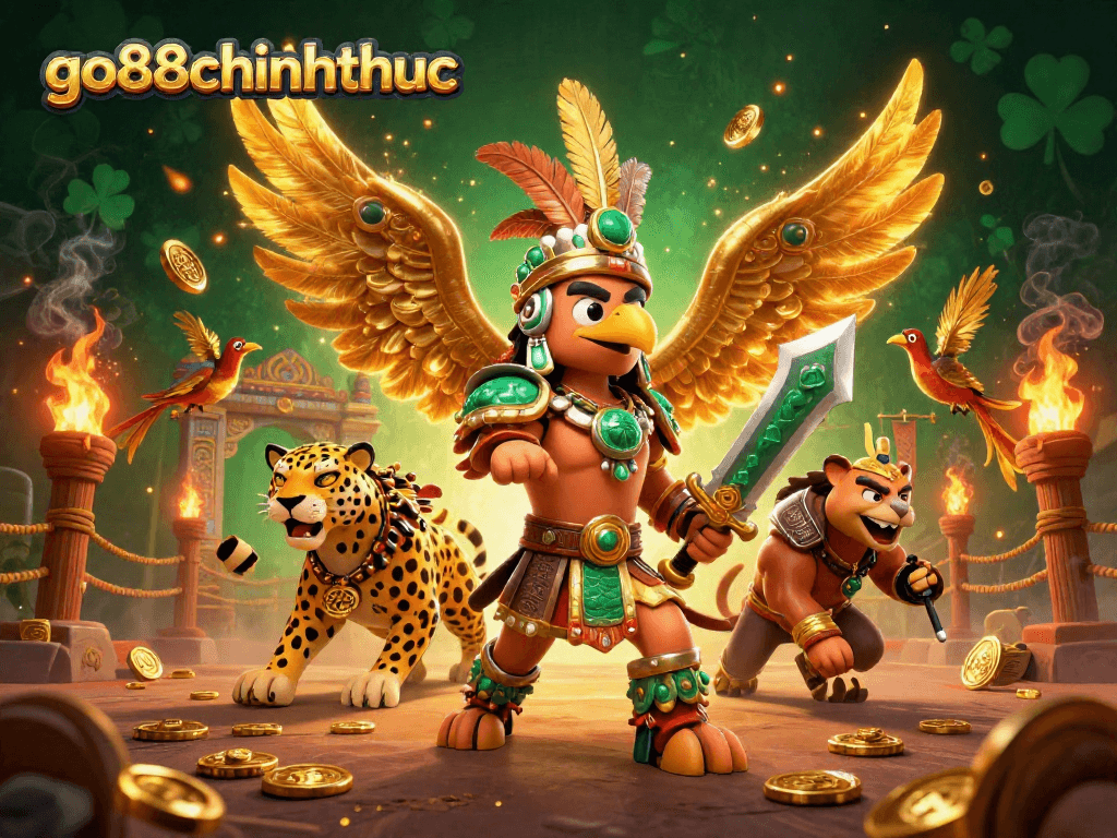 Engage with go88chinhthuc's thrilling casino world featuring Aztec warriors amidst golden elements and gaming excitement.