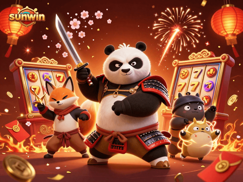 Win big with sunwin featuring a samurai panda, ninja fox, and magical energy in a vibrant casino scene.