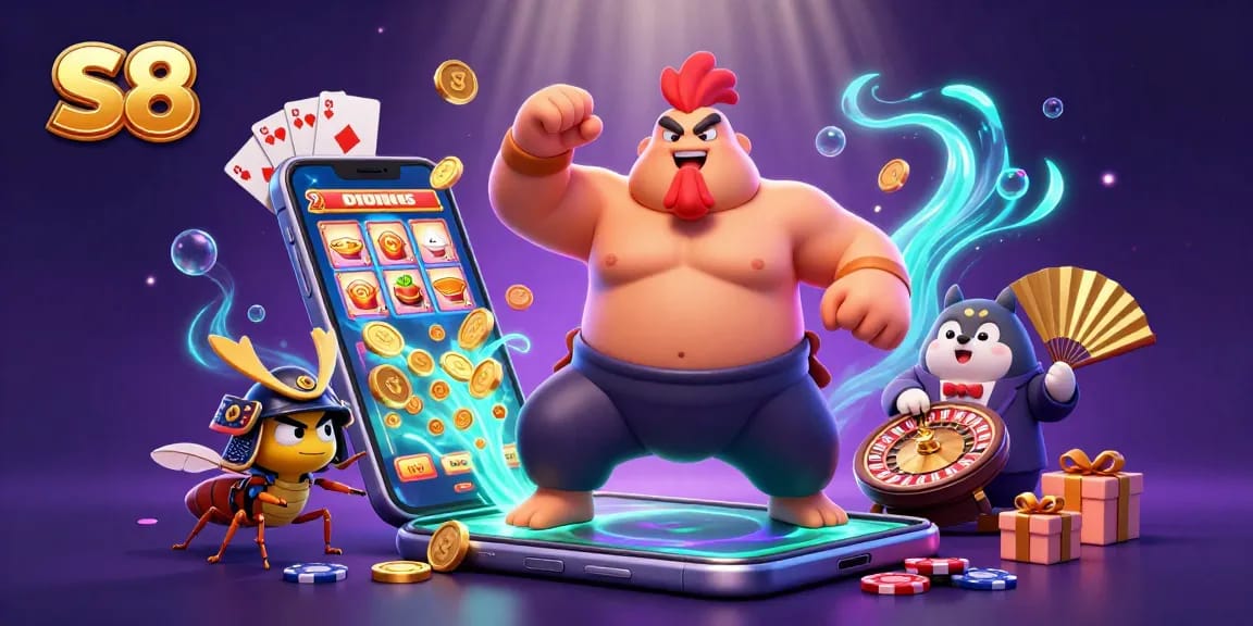S8 offers exciting gaming experiences with a dynamic 3D casino illustration featuring a powerful sumo rooster and engaging game elements.