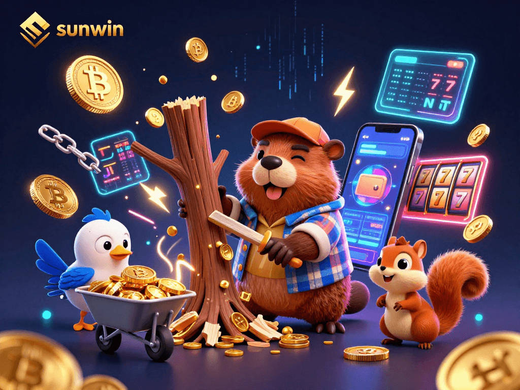 Engage with sunwin's exciting slots through a vibrant scene featuring a beaver collecting golden coins.