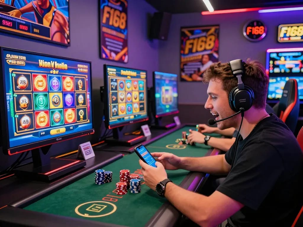 Engaged player at F168 link f168 enjoying live casino games, surrounded by vibrant gaming equipment, showcasing an exciting online betting atmosphere.