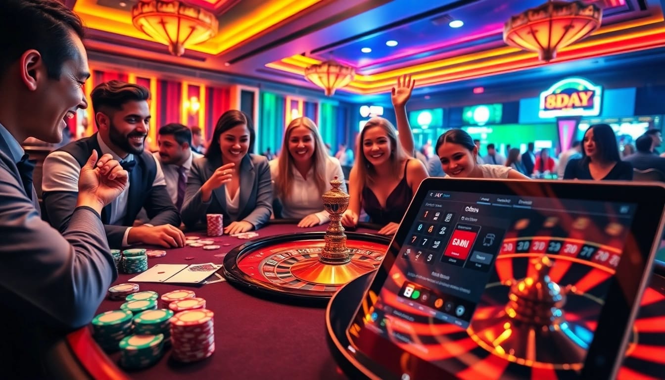A diverse group of gamblers celebrating a win at https://8day.reisen/ casino with vibrant poker chips and a roulette wheel.