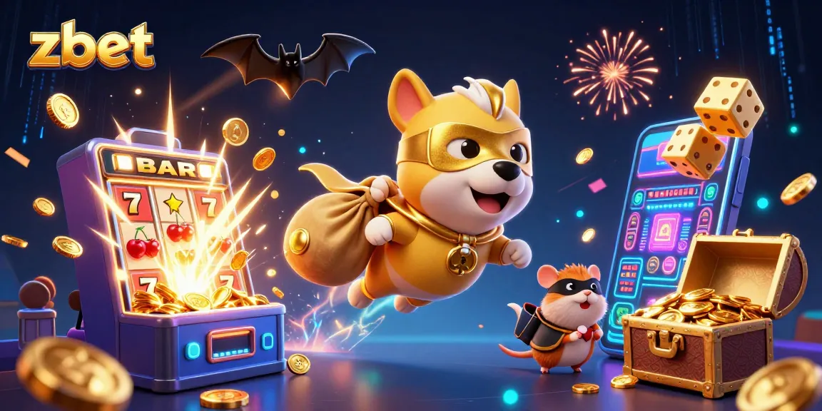 Zbet thrills with a 3D cartoon scene of a superhero dog and hamster amid a vibrant casino atmosphere.