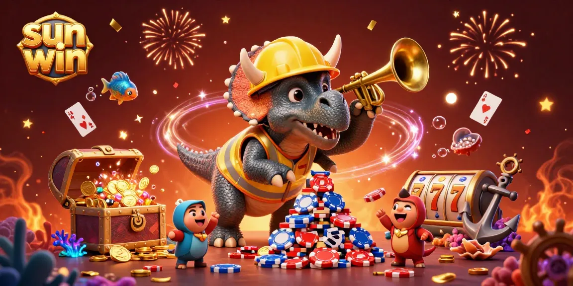 Experience the thrill of sun win with a lively 3D casino scene featuring winning jackpots and cheering characters.