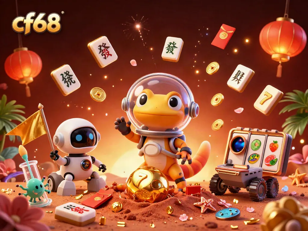 cf68 Martian gecko uncovers a vibrant casino scene with lively slot reels and glowing lanterns.