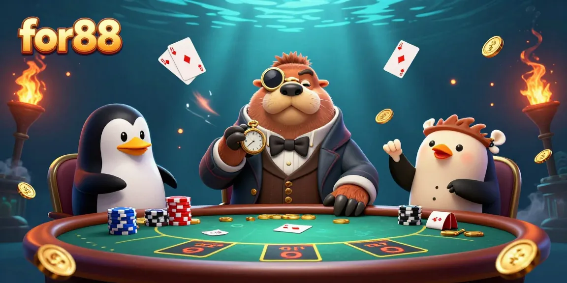 Experience thrilling poker with for88, as a walrus and pufferfish compete at an underwater table.