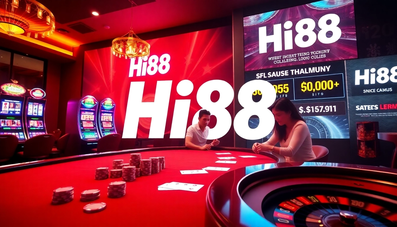 Players enjoying thrilling games at Hi88, featuring vibrant slot machines and a lively poker table.