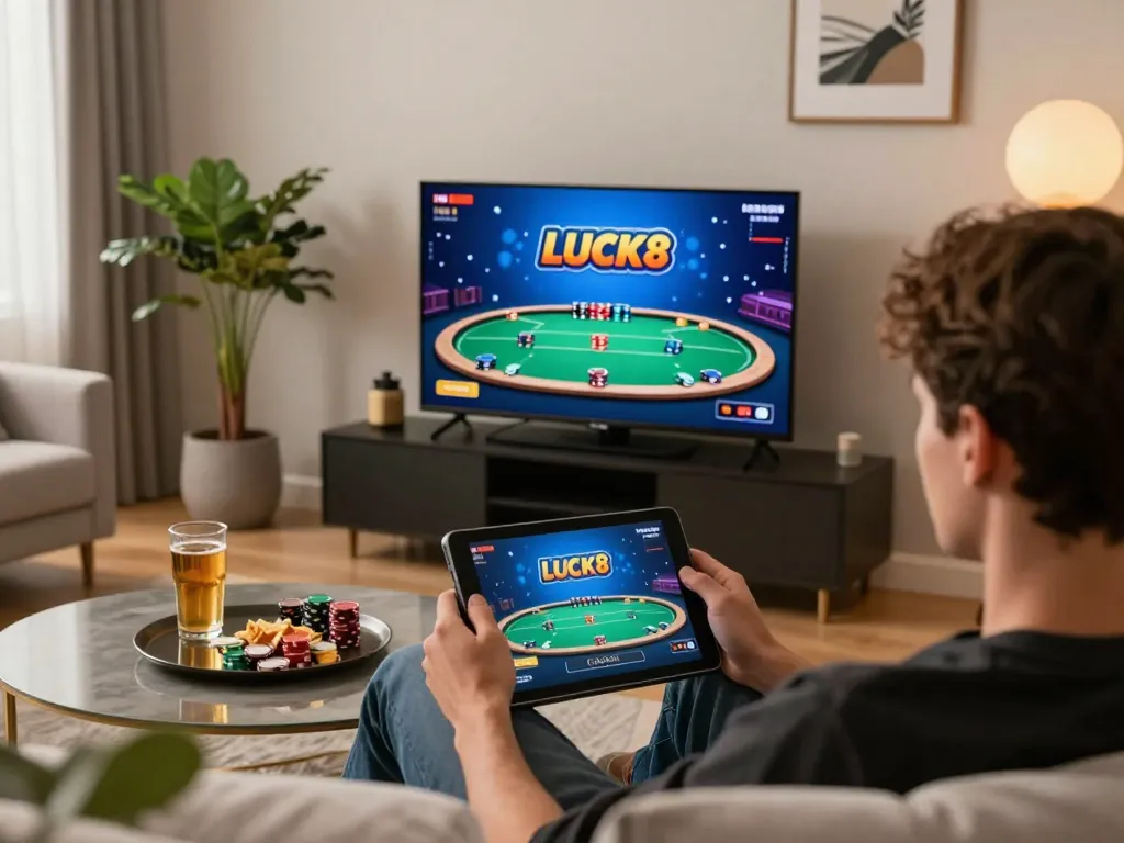 Người chơi LUCK8 đang tham gia trò chơi casino trực tuyến với máy tính bảng trong phòng khách hiện đại