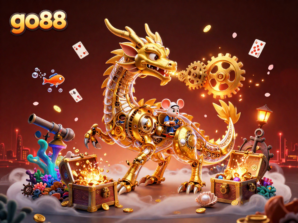 Experience thrilling action at go88 with a golden dragon and vibrant treasures in an immersive casino world.