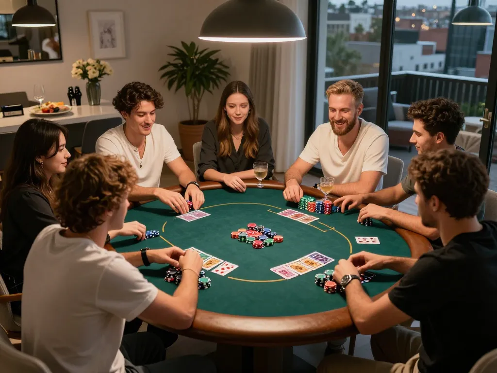 Engage with BL555 during an exciting poker night with friends, vibrant chips and community cards enhancing the atmosphere.