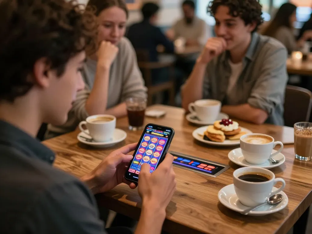 E2bet player enjoying colorful slot games on a smartphone in a café setting.