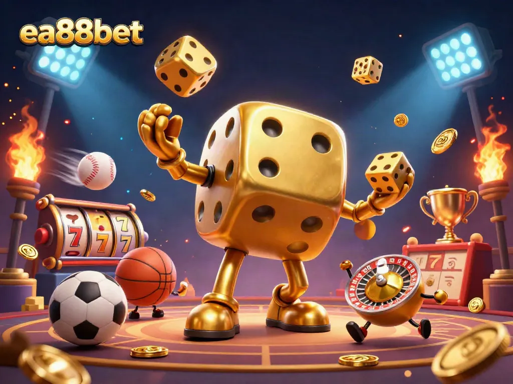 ea88bet engages gamblers with a vibrant 3D casino illustration showcasing lively game elements and dynamic characters.