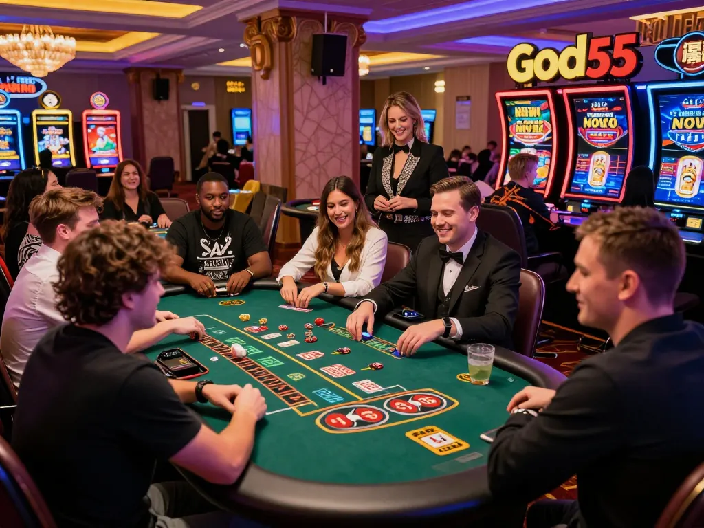 Explore thrilling gameplay at https://god55.gg/ with diverse players enjoying baccarat and blackjack in a vibrant casino setting.