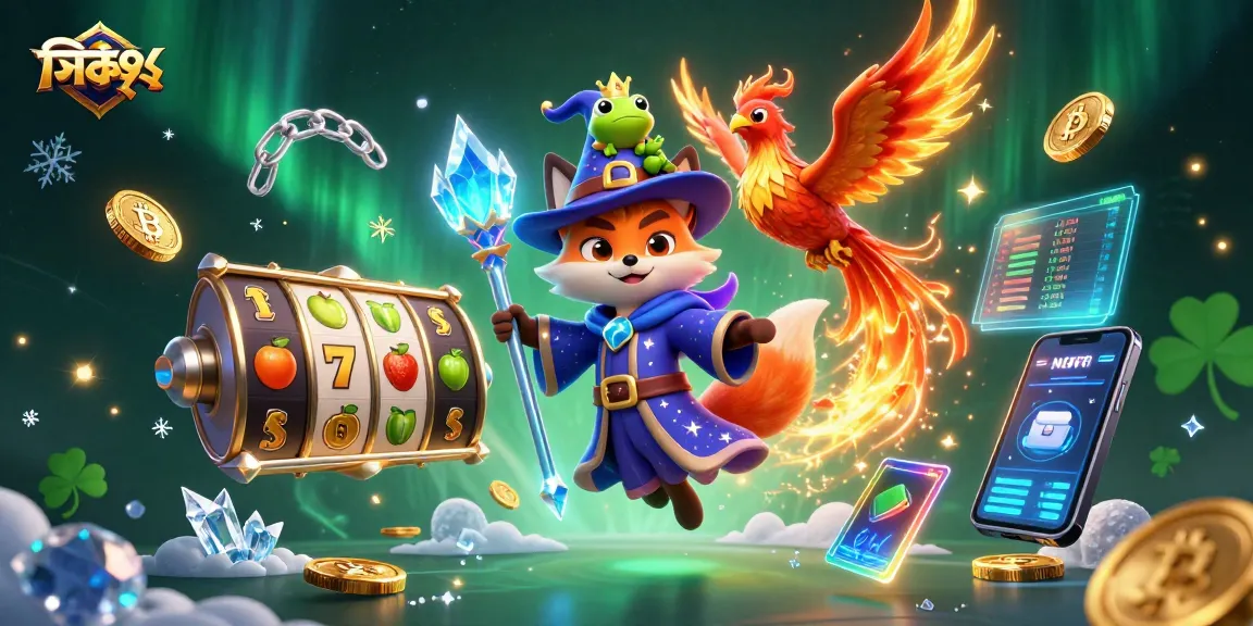 Explore exciting games at সিকে৪৪, featuring slot reels and animated casino characters.