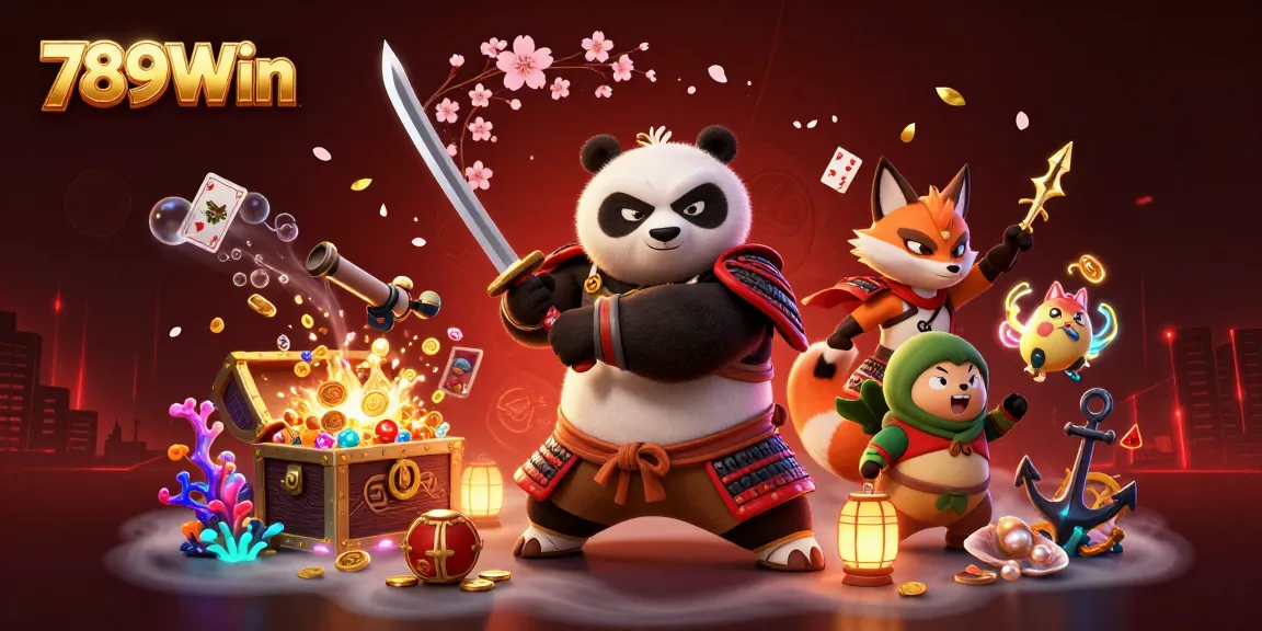 Experience thrilling gameplay at 789Win with samurai panda and ninja fox in a vibrant casino scene.