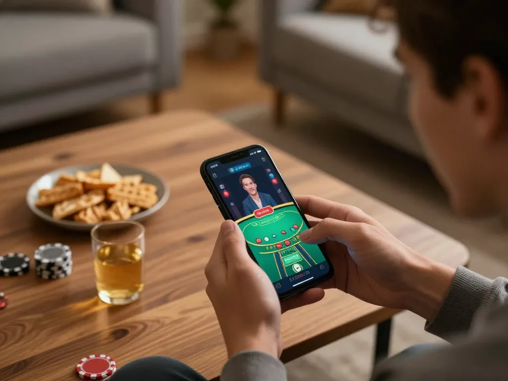Player enjoying sunwin mobile blackjack app on phone, engaging in live dealer action at home.