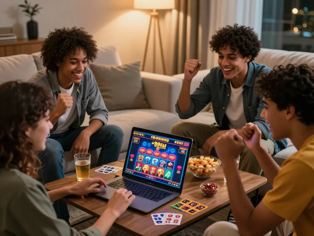 Friends enjoying gaming on 789club in a cozy living room, showcasing excitement and camaraderie.